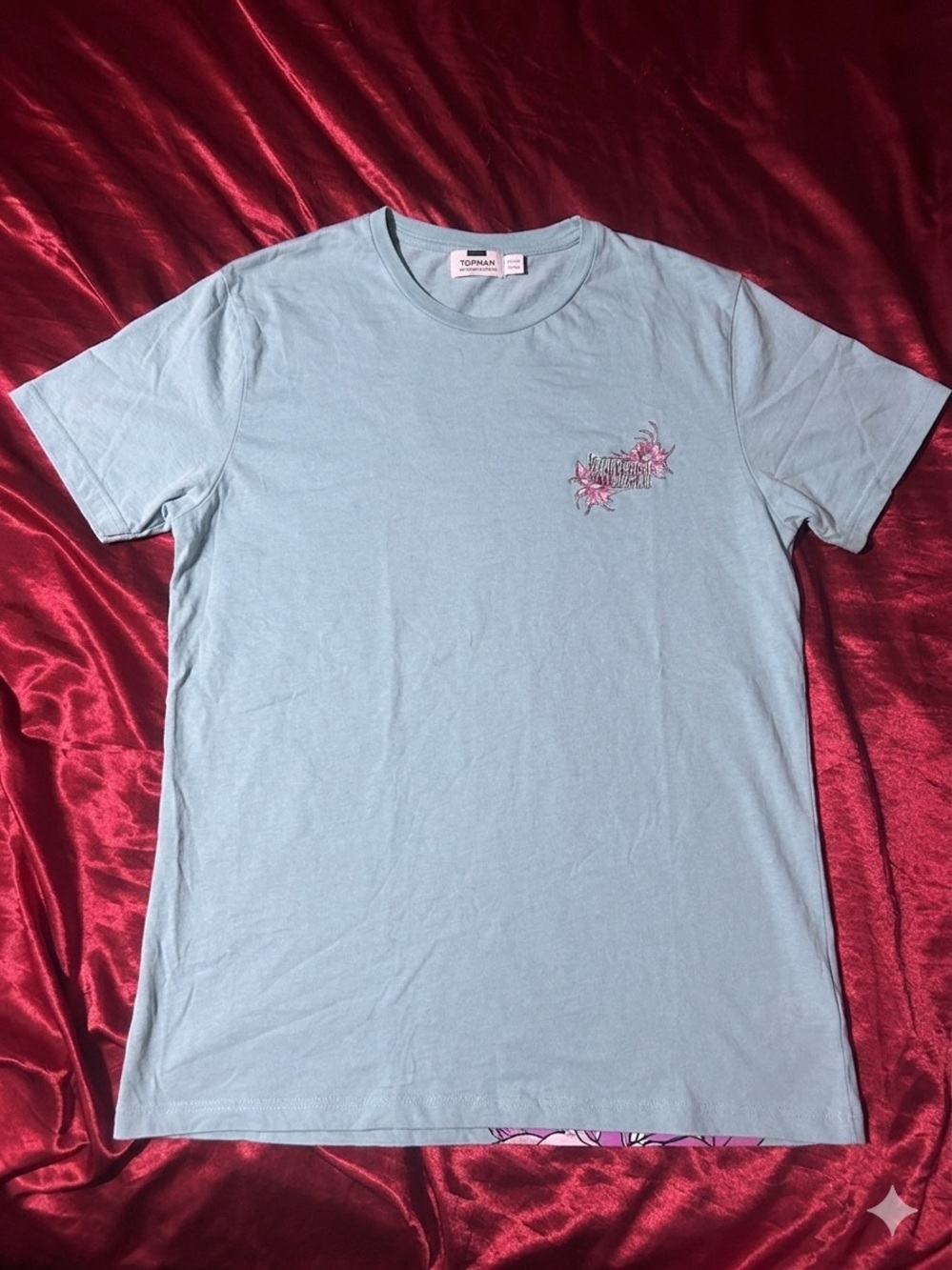 Topman Pale Blue Crewneck Tee with Pink Floral Chest Embroidery